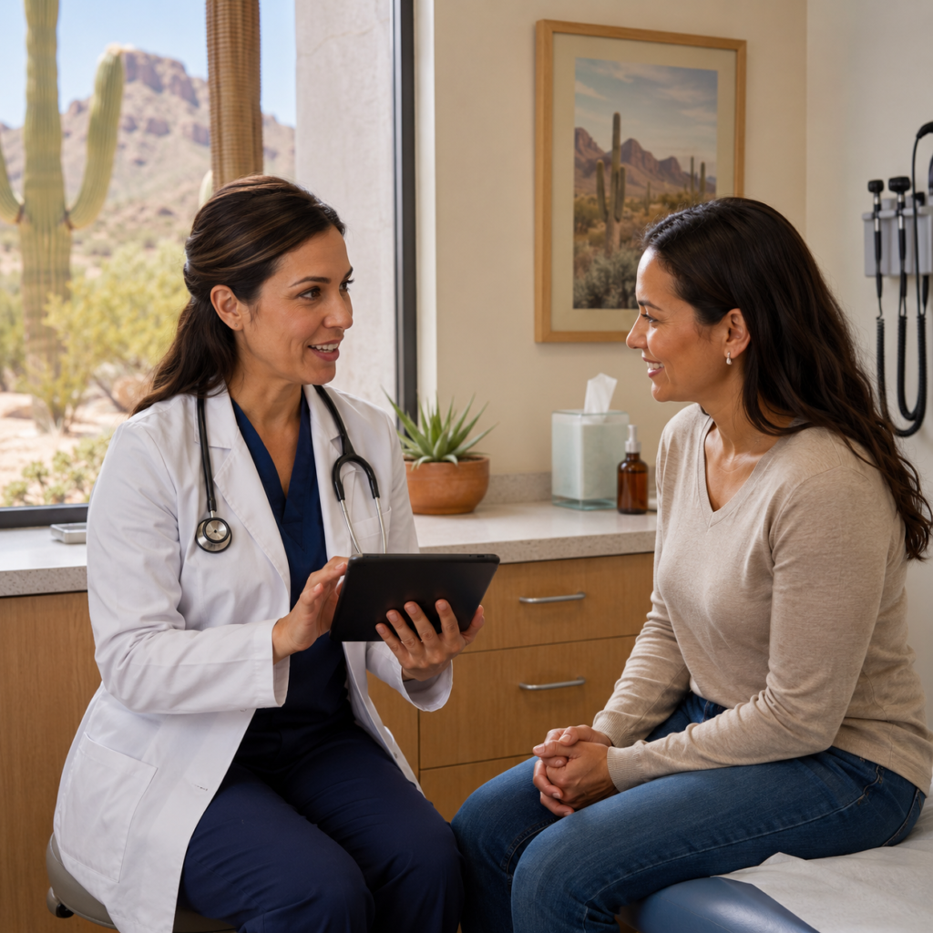 Medical provider reviewing UTI lab results with a patient at Sanova Urgent Care in Oro Valley North Tucson