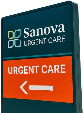 Sign for Sanova Urgent Care with an orange 'URGENT CARE' panel and a leftward arrow on a teal sign.