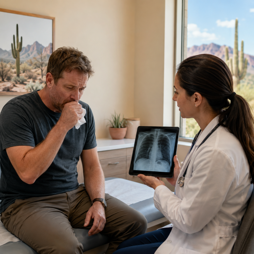 Doctor reviewing chest X-ray results for Valley Fever diagnosis at Sanova Urgent Care in Tucson Arizona