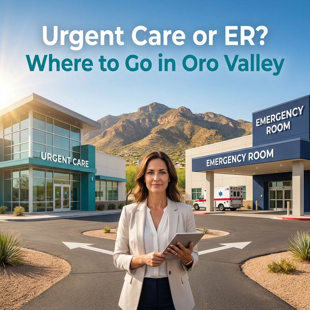 Professional woman in a blazer stands in a parking lot between urgent care and emergency room buildings with desert mountains in Oro Valley behind them.