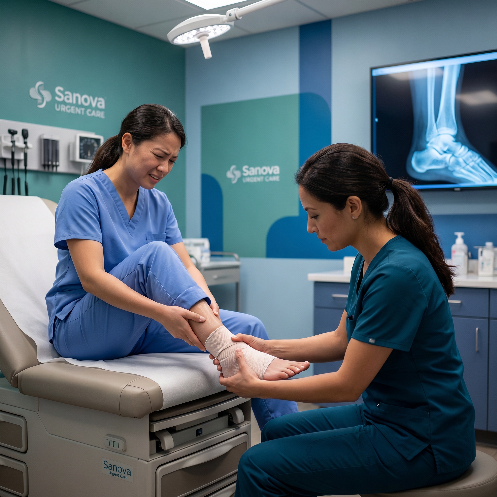 Nurse in blue scrubs bandages a patient's ankle in an urgent care room, with Sanova Urgent Care signage on the wall and medical equipment nearby.