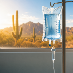 IV fluid bag hanging from a metal stand with a desert landscape and cactus plants in the background