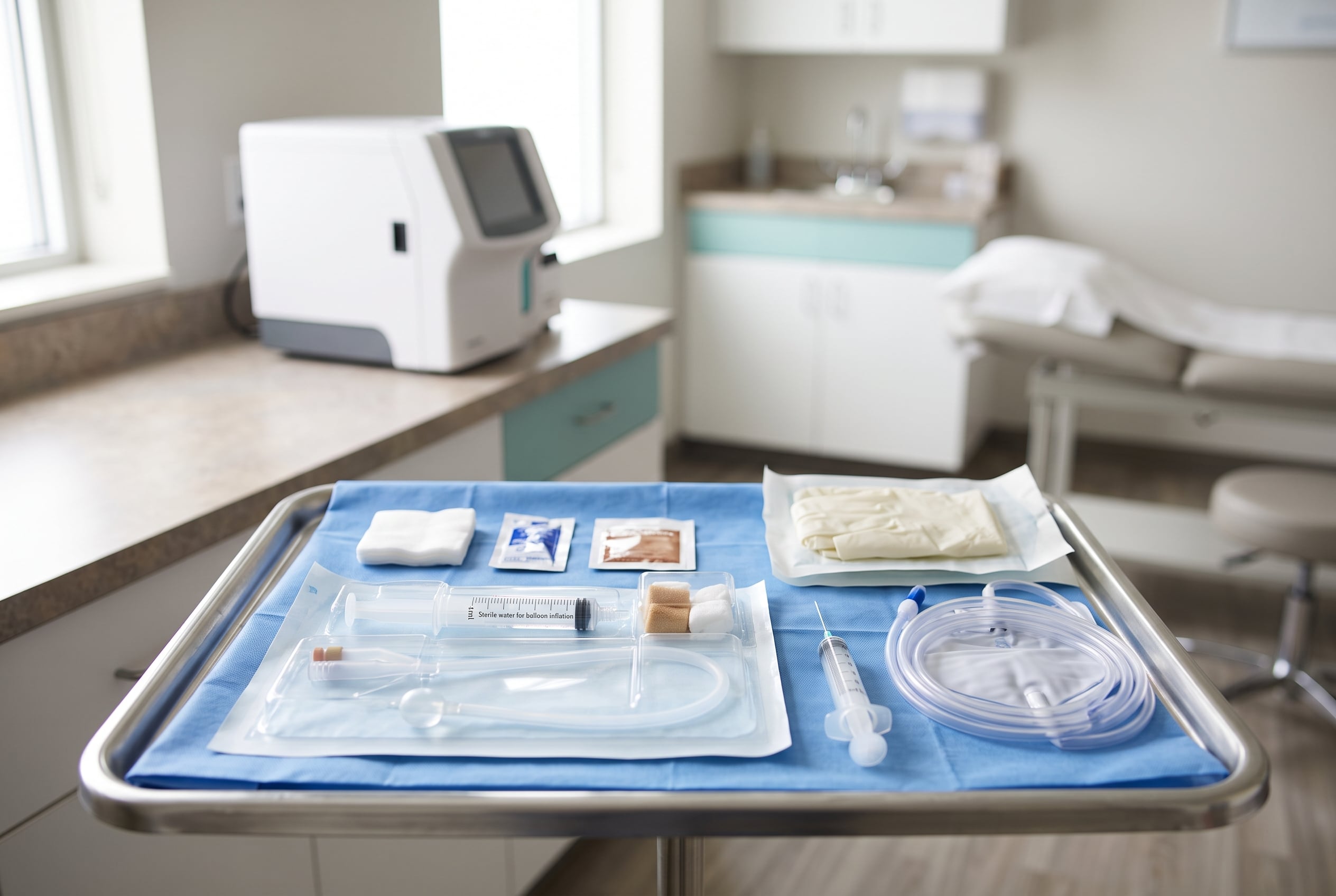 Foley catheter placement supplies and on-site lab equipment for urinary retention care at Sanova Urgent Care