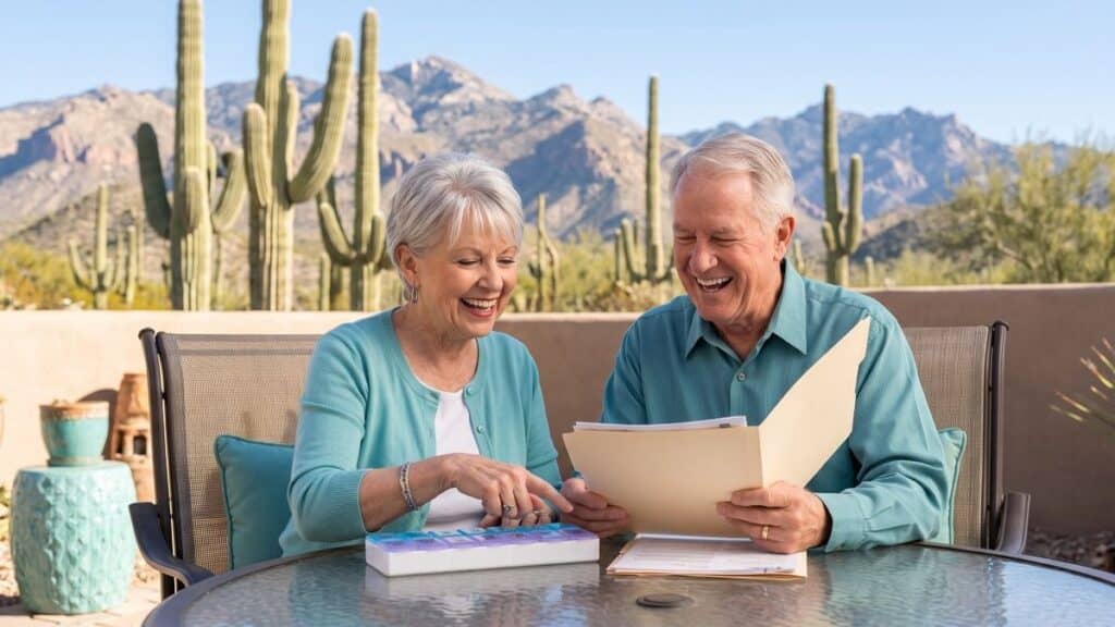 Snowbird Health Care in Arizona - Sanova Urgent Care Retired couple in Arizona organizing prescriptions and Medicare paperwork for snowbird health care