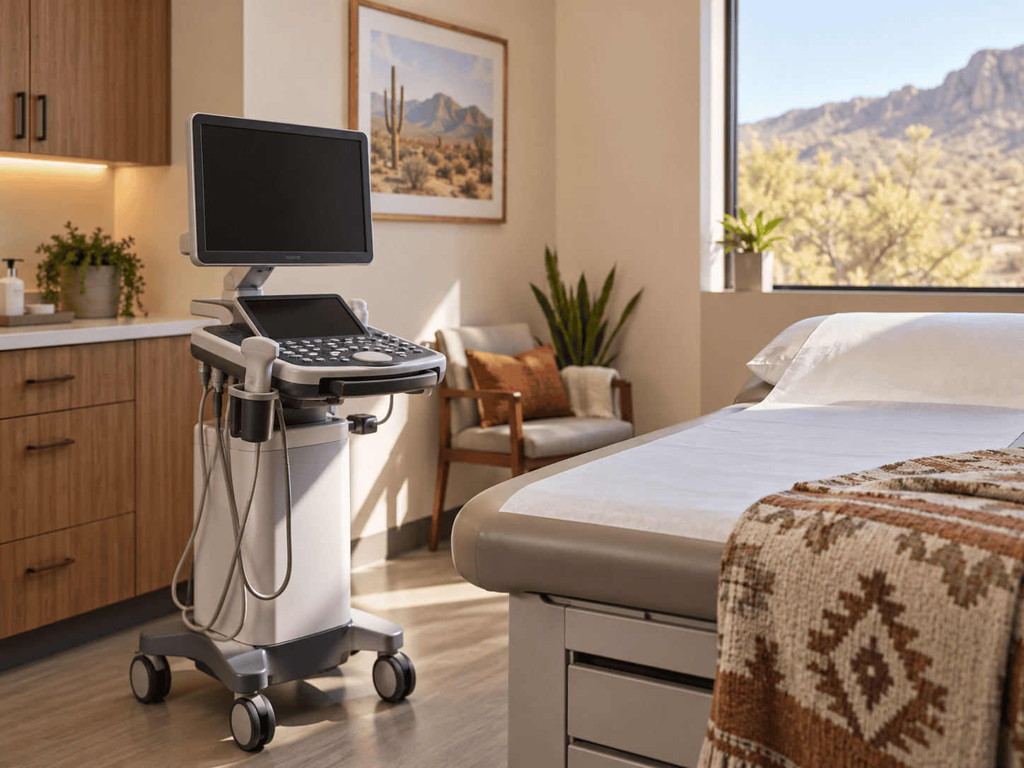 urinary-retention-treatment-bladder-scan-oro-valley-az - Sanova Urgent Care Bedside bladder ultrasound in an urgent care exam room used to diagnose urinary retention near Oro Valley, Arizona