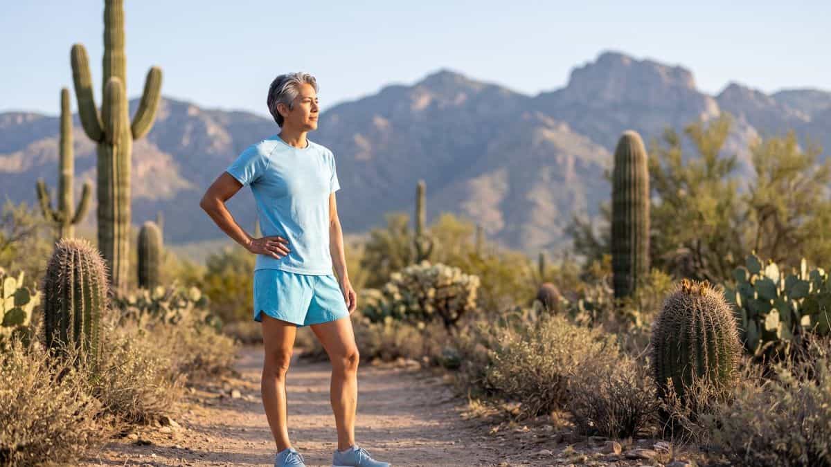 Adult pausing on a Tucson desert trail while easing back into exercise during Valley Fever recovery time
