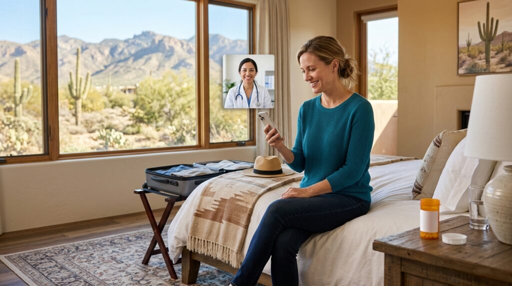 Traveler in a Tucson-area resort room doing a telehealth video visit with a clinician to get a medication refill sent to a nearby pharmacy
