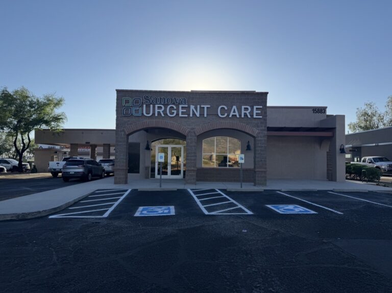 Front of the Sanova Urgent Care building at 15883 N Oracle Rd, Ste 101, Tucson, AZ 85739, in the Catalina area, with accessible parking at the entrance