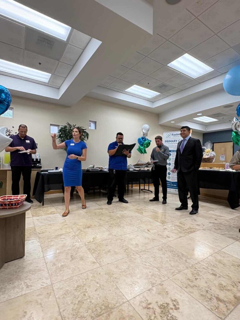 Dr. Kiyan Rad with Jessica and Javier of Encompass Health Rehabilitation Hospital of Northwest Tucson celebrating the grand opening of Sanova Urgent Care, 15883 N Oracle Rd, Ste 101, Tucson, AZ 85739