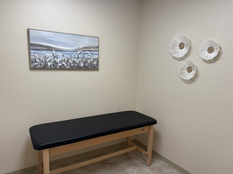 Examination table with a black pad in a neutral room; left wall features a coastal landscape painting, right wall has three white woven circular wall hangings.