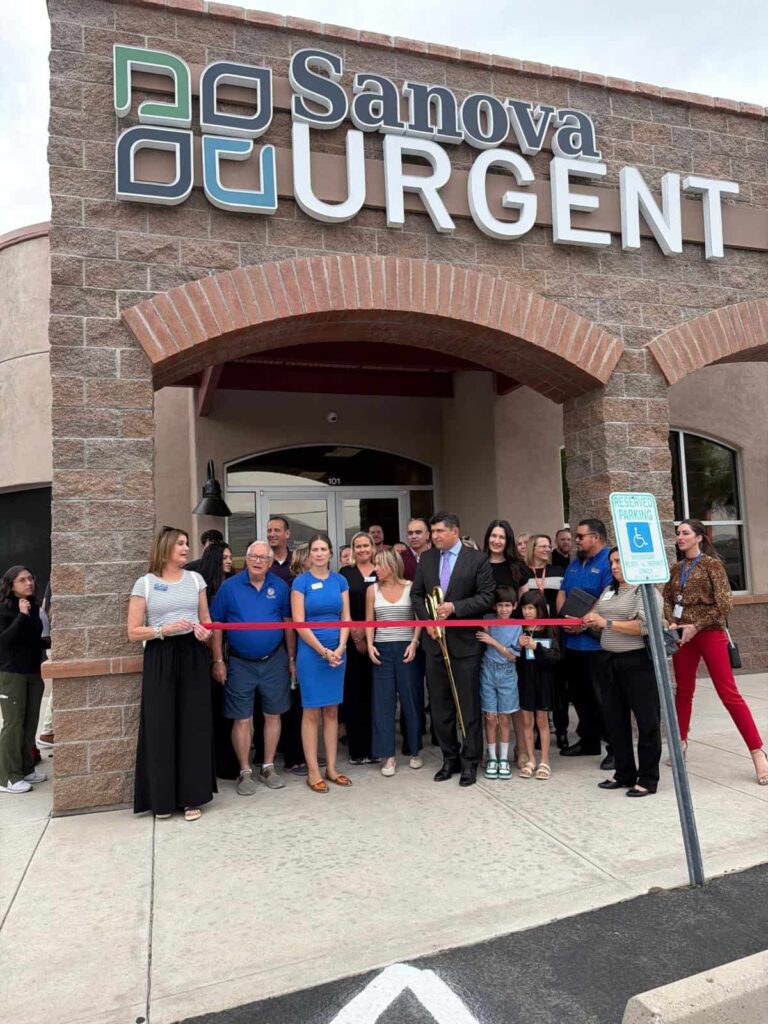 Ribbon-cutting ceremony with the Oro Valley Chamber of Commerce staff and President/CEO Kristen Sharp outside Sanova Urgent Care, 15883 N Oracle Rd, Ste 101, Tucson, AZ 85739