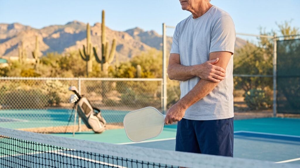 Tennis elbow vs golfer's elbow: pickleball player with a sore elbow - Sanova Urgent Care Pickleball player holding a sore outer elbow on a court near Oro Valley, a common sign in tennis elbow vs golfer's elbow
