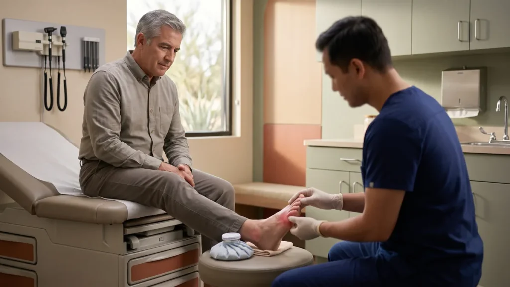 Clinician examining a patient's red, swollen big toe during an urgent care visit for gout